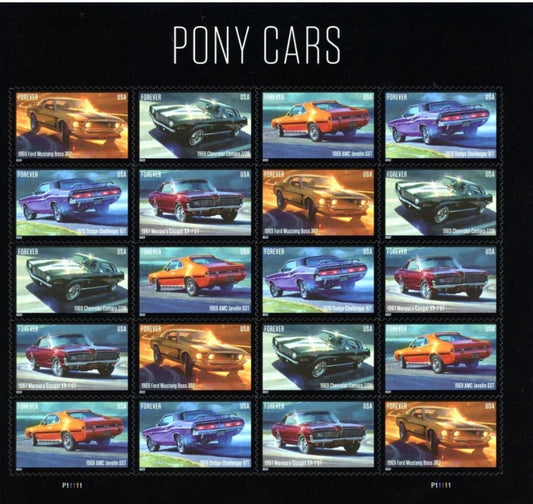 PONY CARS  PANE OF 20 FOREVER STAMPS