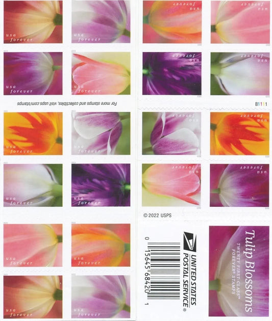 USA Tulip Blossoms Forever Stamps, Full Booklet of 20,