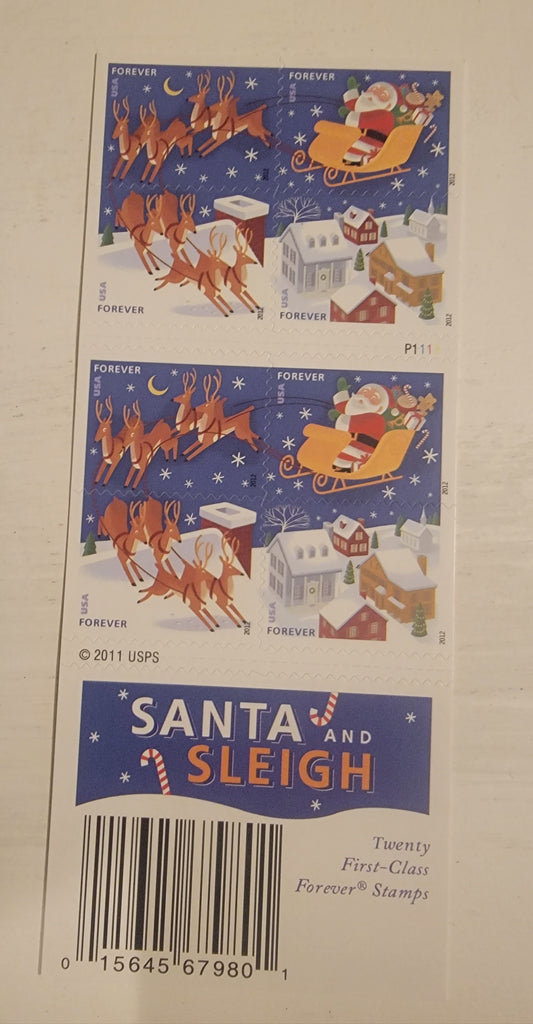 Santa & Sleigh 2012 Forever Stamps - Booklet of 20 Postage Stamps