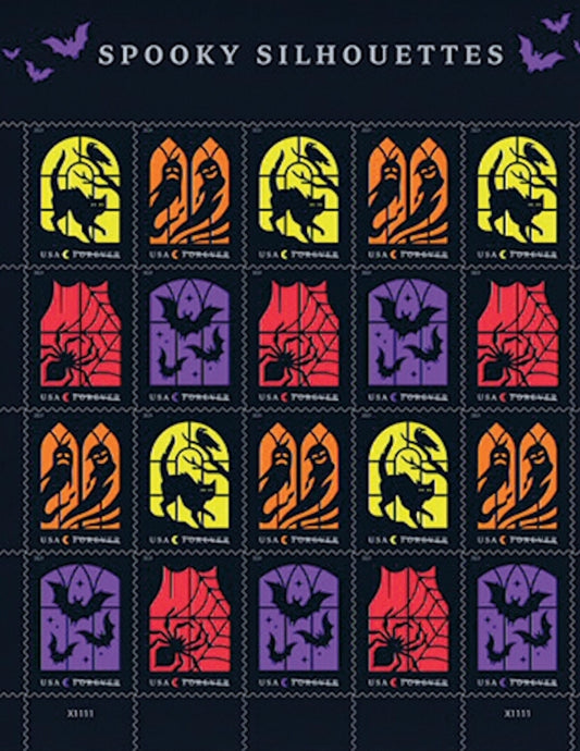 Spooky Silhouettes Halloween US Postage Stamps with Irridescent Effect Pane of 20